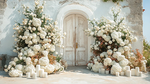 教堂门前的白花与蜡烛