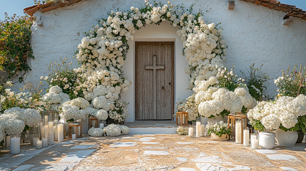 教堂门前的白花与蜡烛