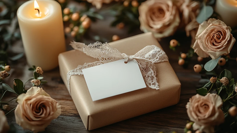 白色标签系在礼品盒上