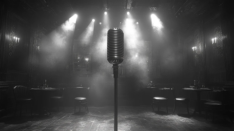 舞台中央悬挂老式麦克风