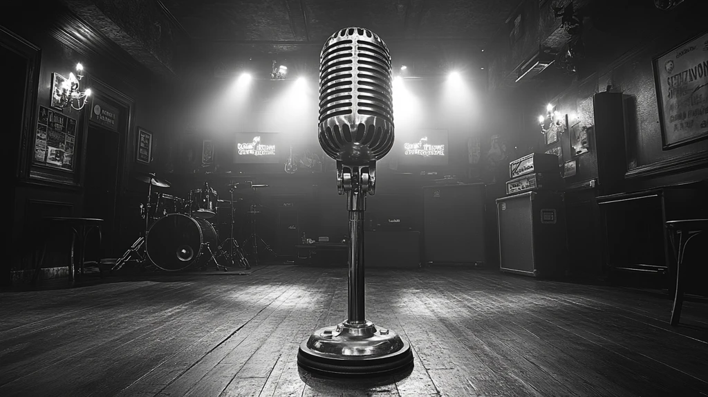 舞台中央悬挂老式麦克风
