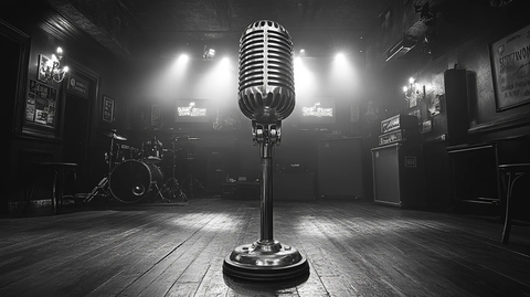 舞台中央悬挂老式麦克风