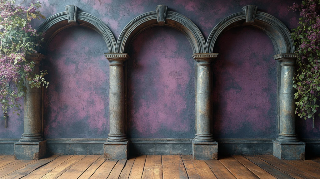 古老石雕拱门与木地板