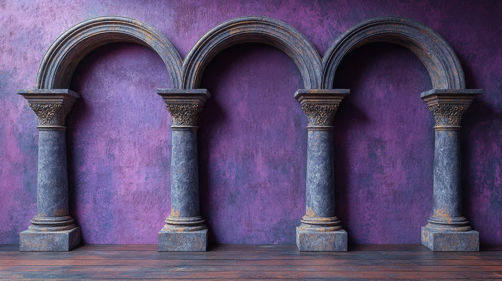 古老石雕拱门与木地板