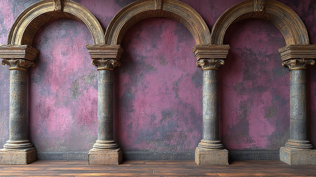 古老石雕拱门与木地板