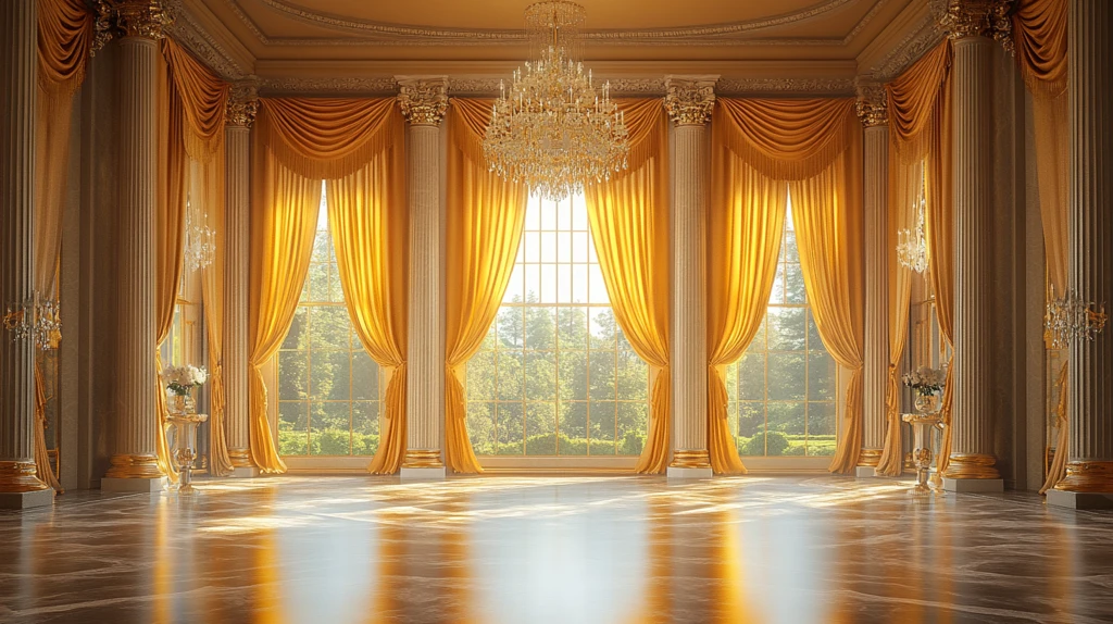 金色窗帘水晶吊灯大理石柱豪宅入口