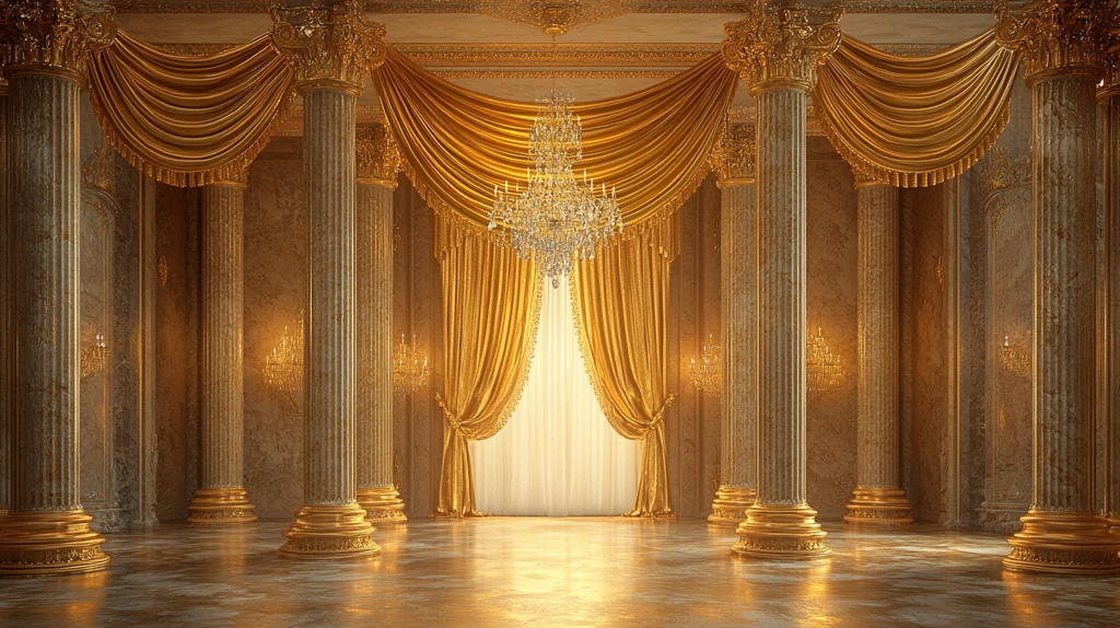 金色窗帘水晶吊灯大理石柱豪宅入口