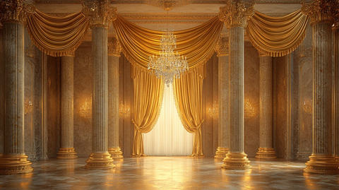 金色窗帘水晶吊灯大理石柱豪宅入口