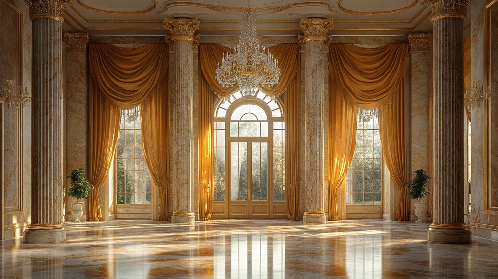 金色窗帘水晶吊灯大理石柱豪宅入口