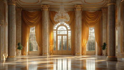 金色窗帘水晶吊灯大理石柱豪宅入口