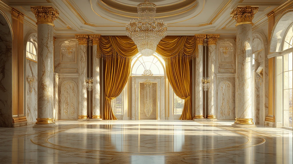 金色窗帘水晶吊灯大理石柱豪宅入口