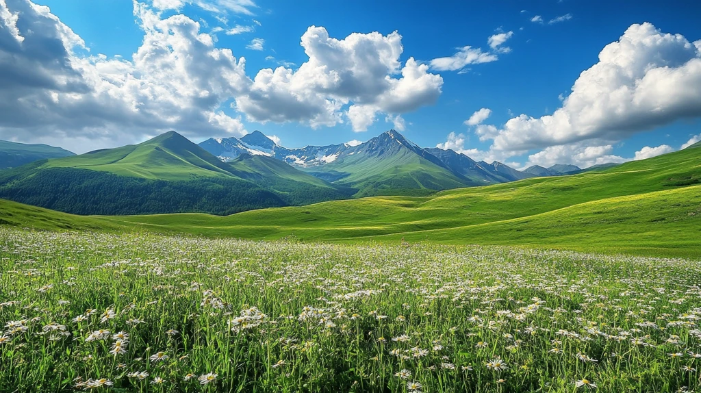 蓝天白云山脉草地背景