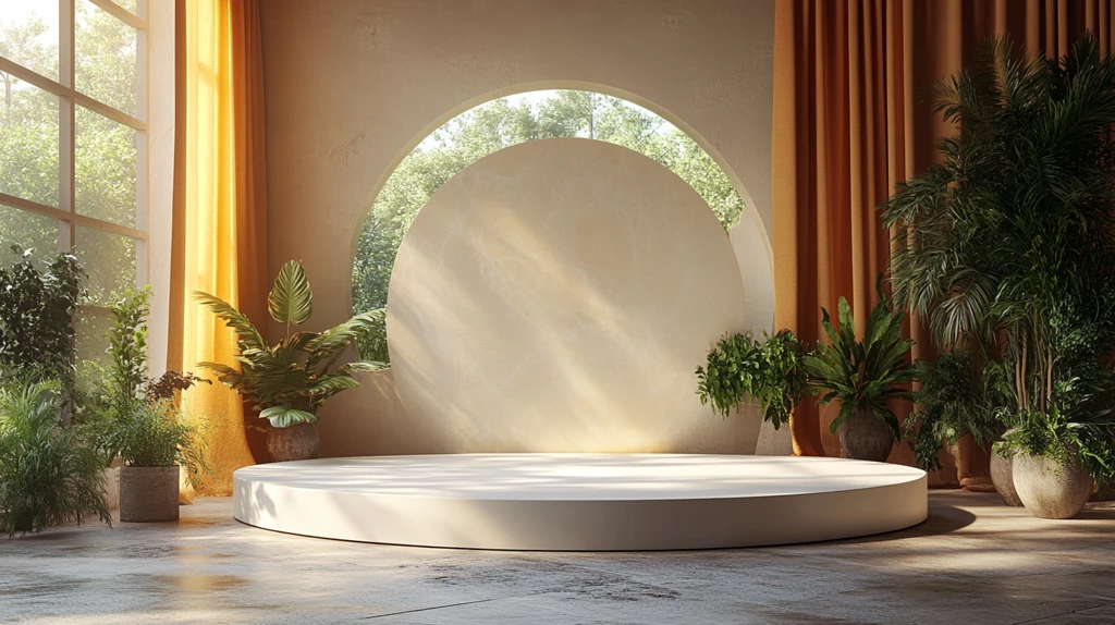 圆形白色丙烯平台植物3D渲染