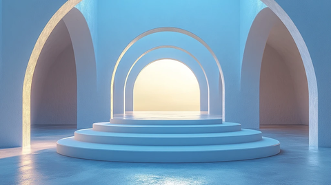 白色圆形讲台与波浪形设计