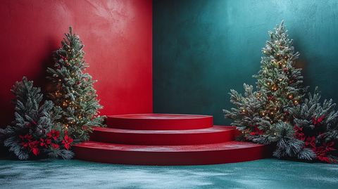 绿色红色圣诞工作室背景空讲台