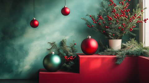 绿色红色圣诞工作室背景空讲台