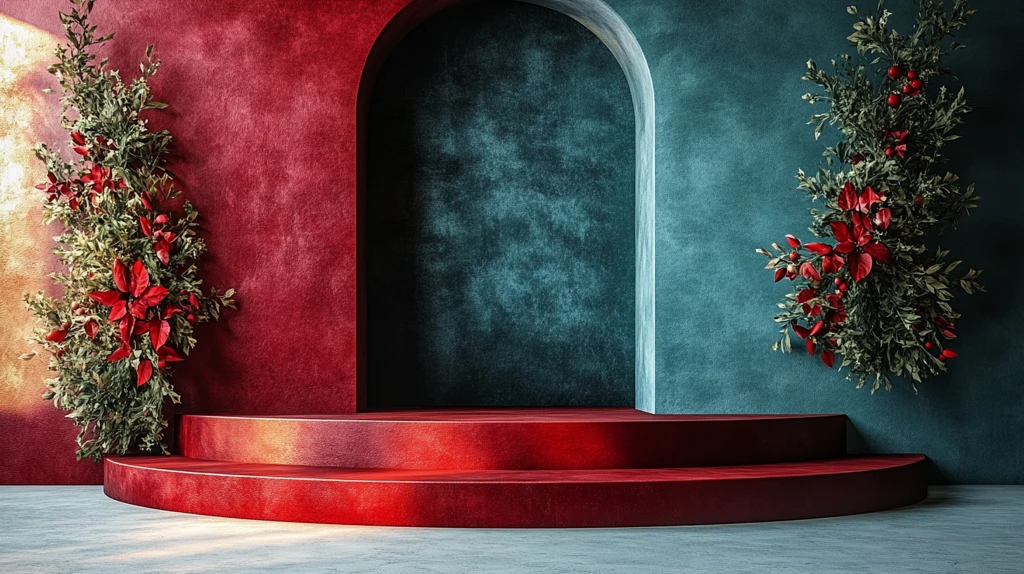 绿色红色圣诞工作室背景空讲台