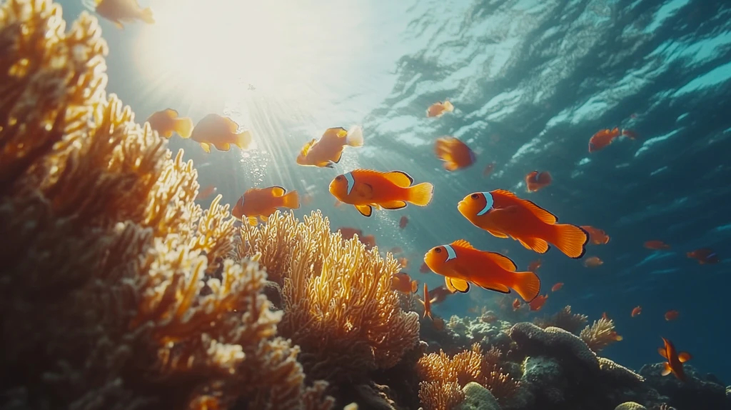 高清珊瑚礁前鱼群游动