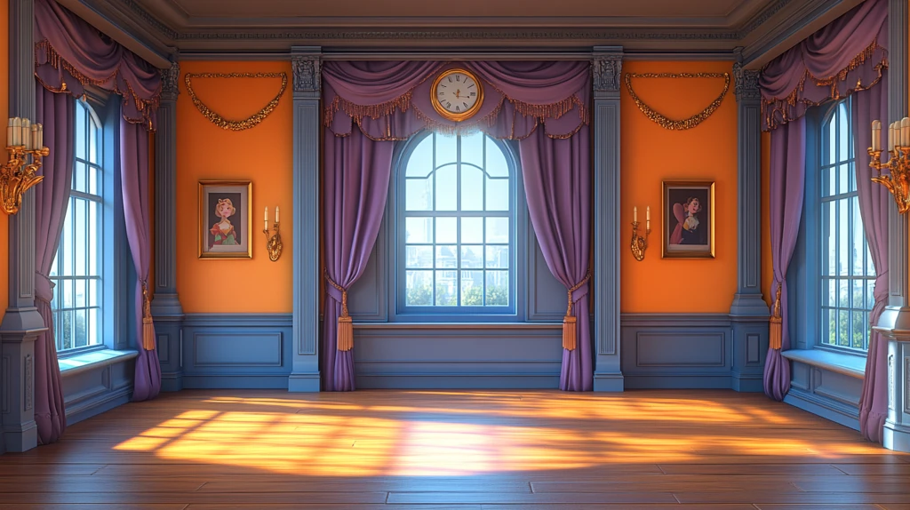 舞台时钟与紫色窗帘