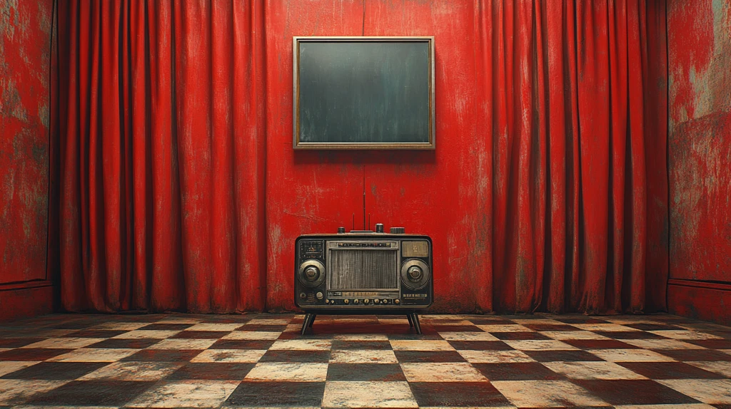 老式收音机与棋盘地板