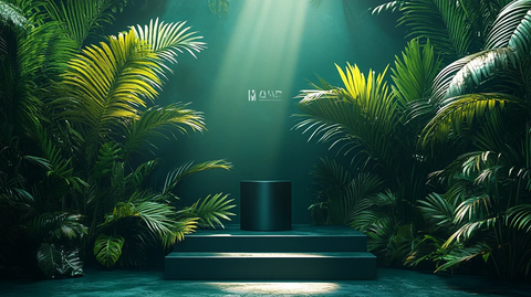 圆柱展示台与棕榈叶装饰