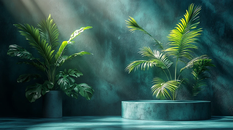 圆柱展示台与棕榈叶装饰