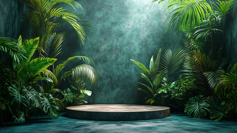 圆柱展示台与棕榈叶装饰