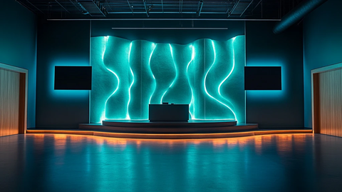 双屏数字讲台与绿蓝场景设计