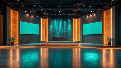 双屏数字讲台与绿蓝场景设计