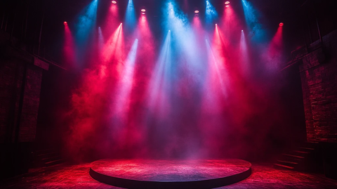 暗红舞台上的彩色聚光灯