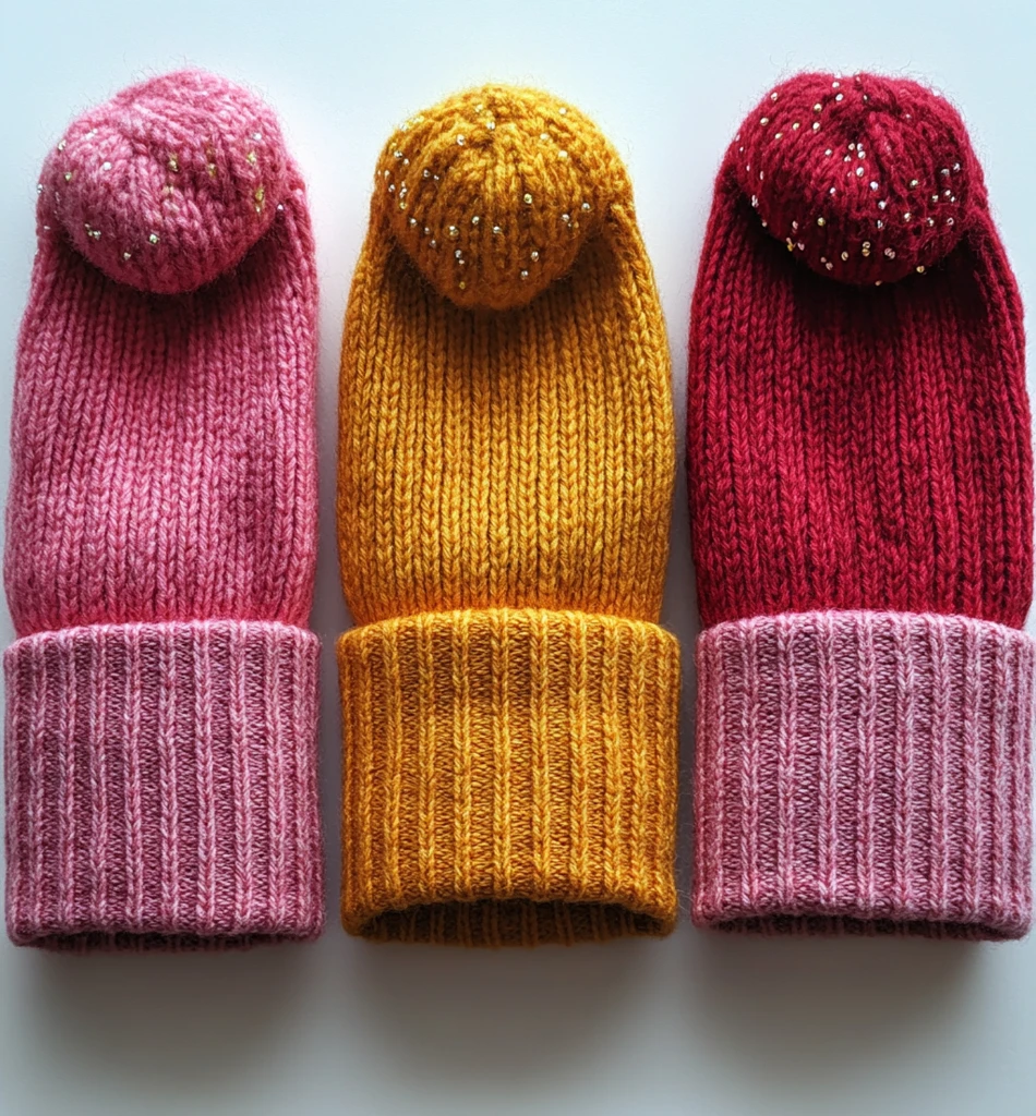 粉色红色黄色豆豆帽