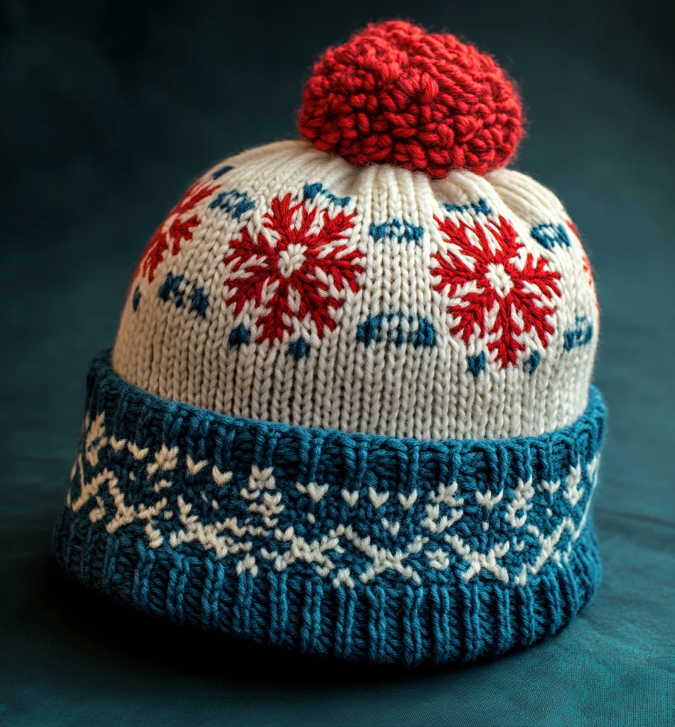 蓝白红雪花针织帽