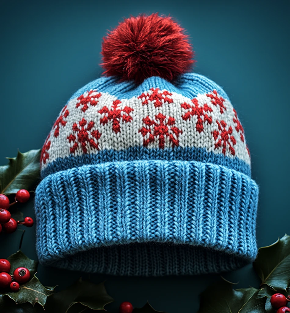 蓝白红雪花针织帽