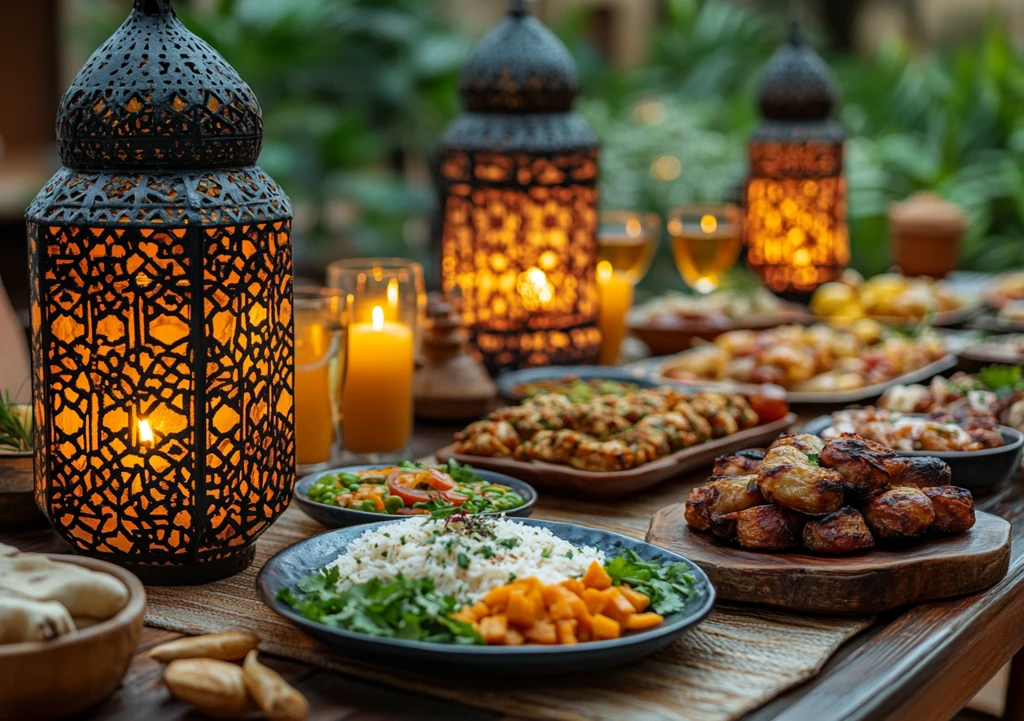 斋月餐桌上的美食与灯笼
