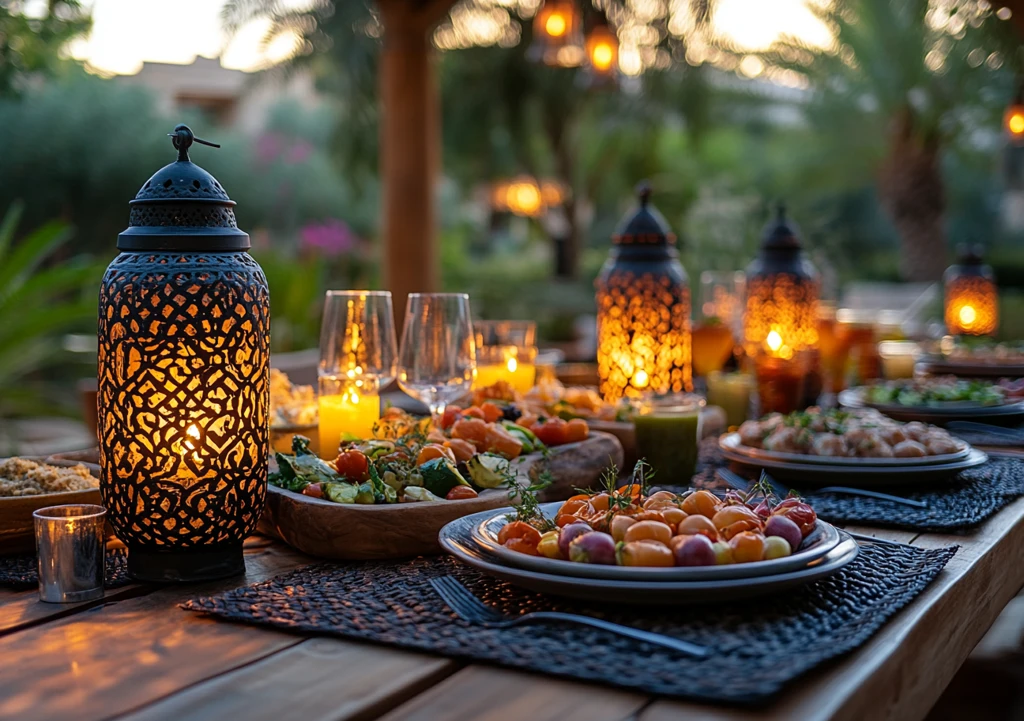 斋月餐桌上的美食与灯笼