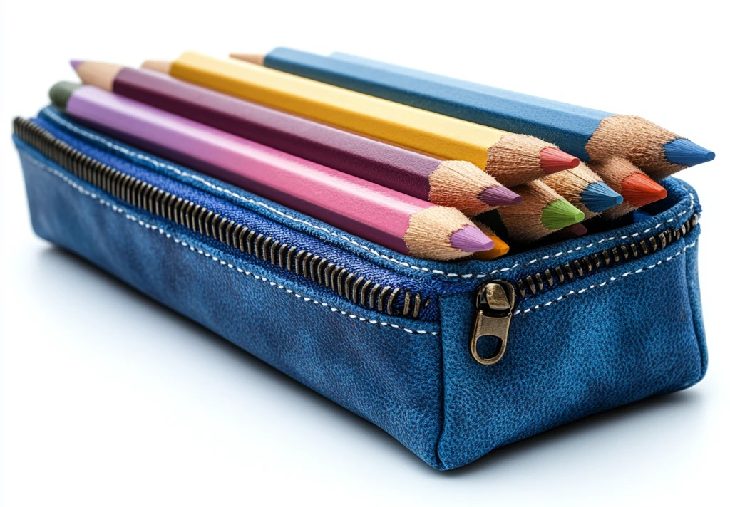 蓝色铅笔盒与彩色铅笔