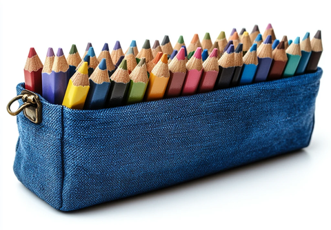 蓝色铅笔盒与彩色铅笔