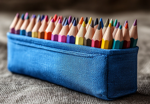 蓝色铅笔盒与彩色铅笔