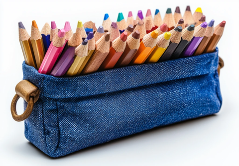 蓝色铅笔盒与彩色铅笔