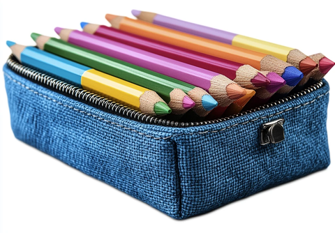 蓝色铅笔盒与彩色铅笔