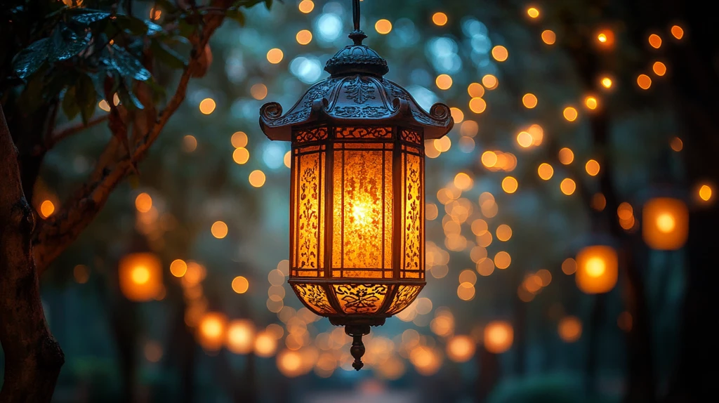 木质灯笼与闪烁光点