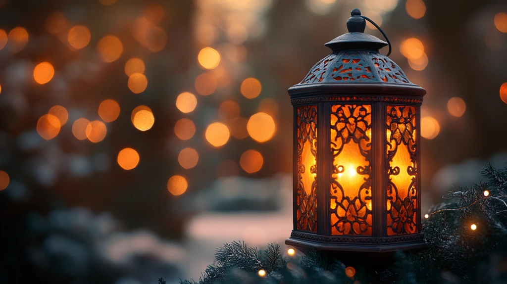 木质灯笼与闪烁光点