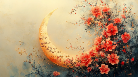 新月水彩花卉阿拉伯书法