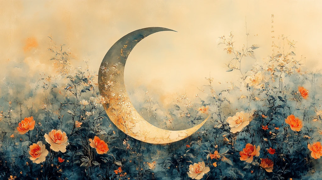 新月水彩花卉阿拉伯书法