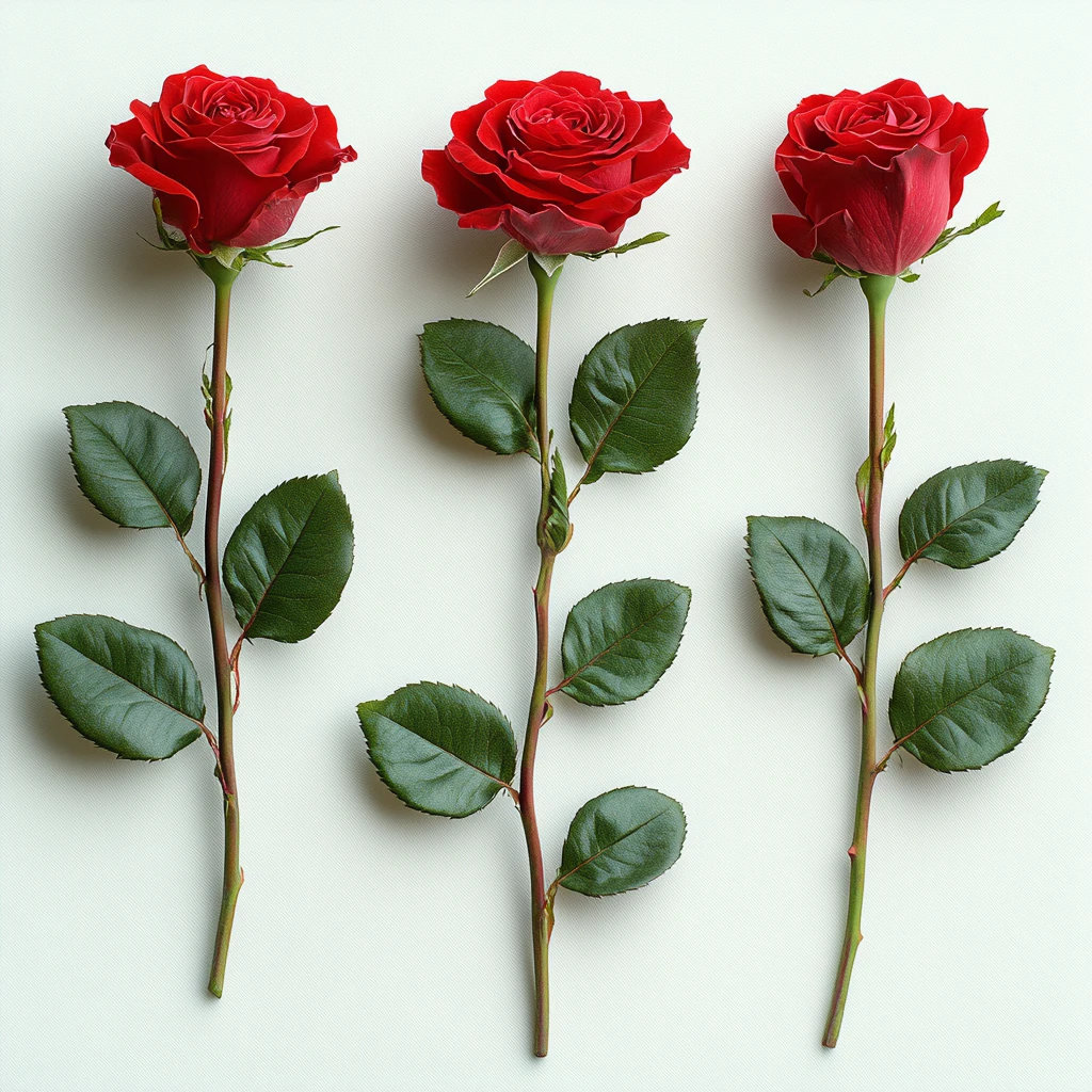 三支红玫瑰长茎叶