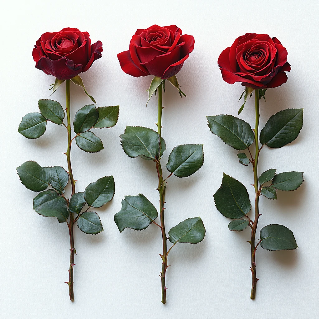 三支红玫瑰长茎叶