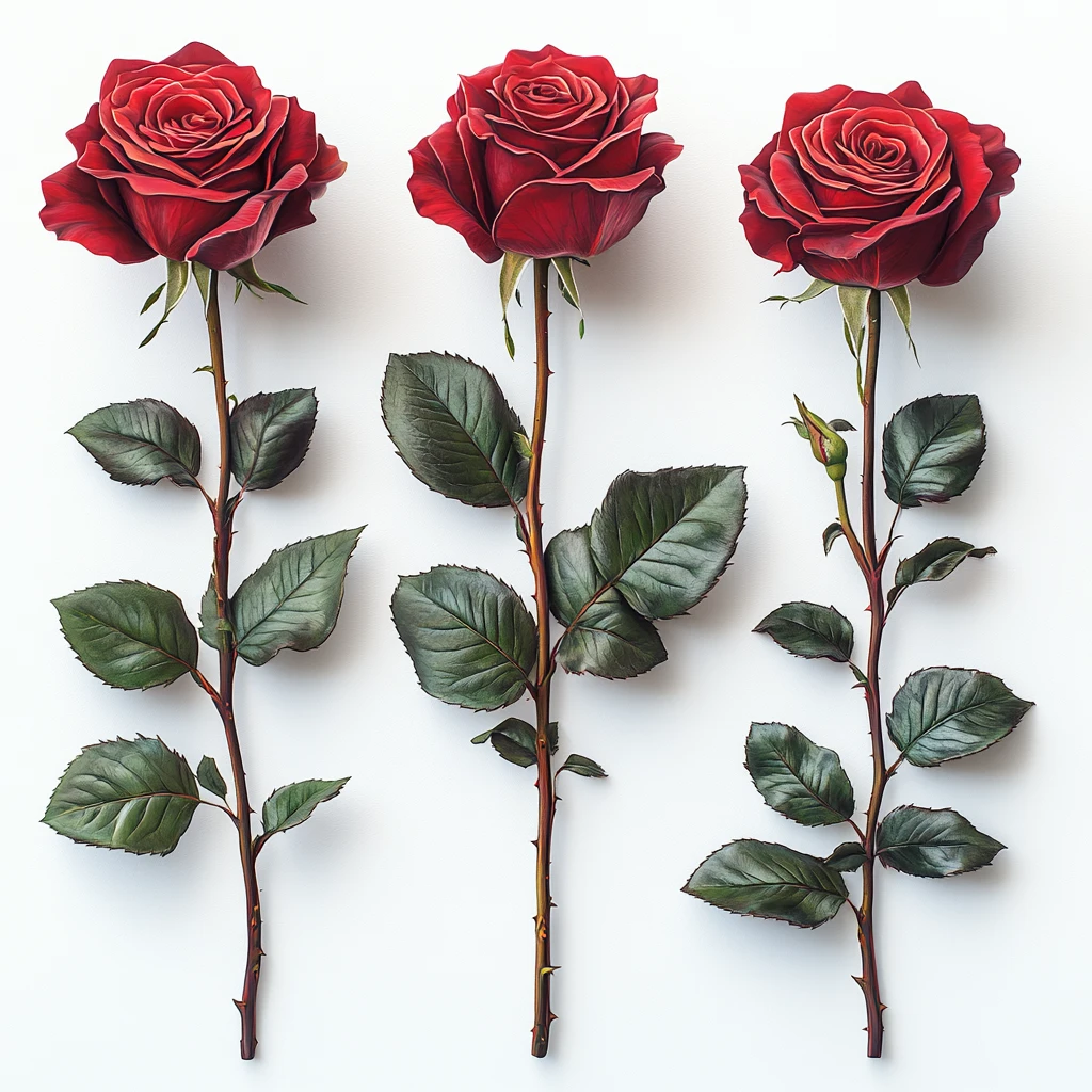 红玫瑰长茎叶多角度展示