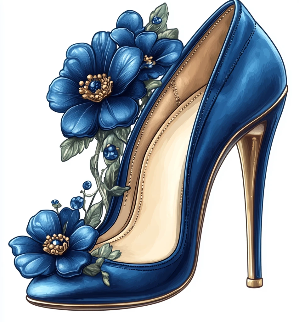 钴蓝色高跟鞋花朵装饰