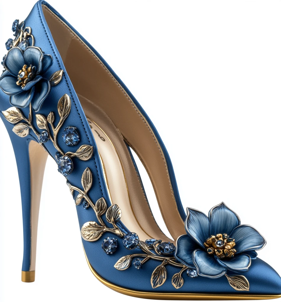 钴蓝色高跟鞋花朵装饰