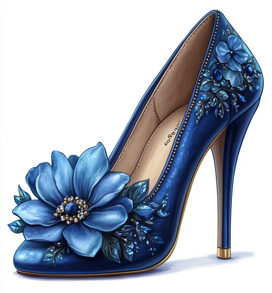钴蓝色高跟鞋花朵装饰